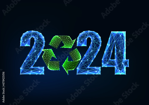 Abstract 2024 New Year symbol with recycle sign web banner template. Futuristic greeting card