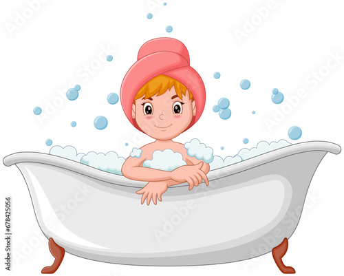 Happy girl take a bath in the bathtub. Vector illustration