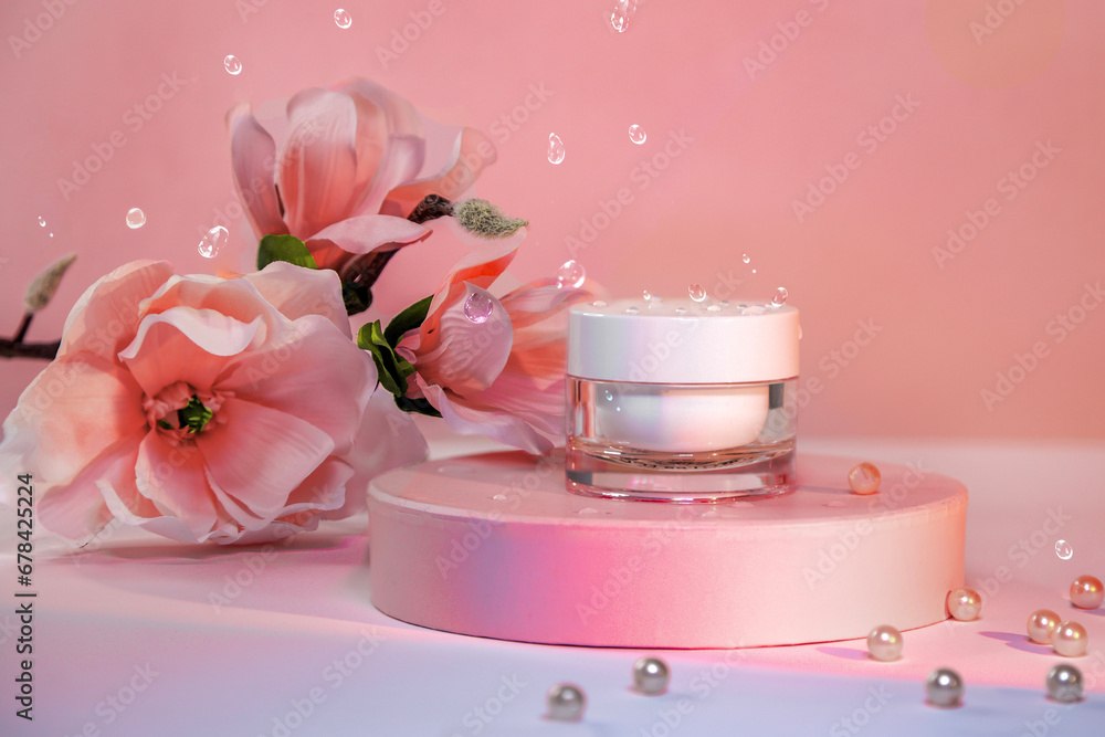 Background with cosmetic cream on a podium and space for text Background with cosmetic cream on a podium and space for text