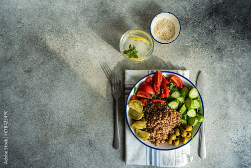 Healthy lunch bowl with glass of water with lemon on gray table photo