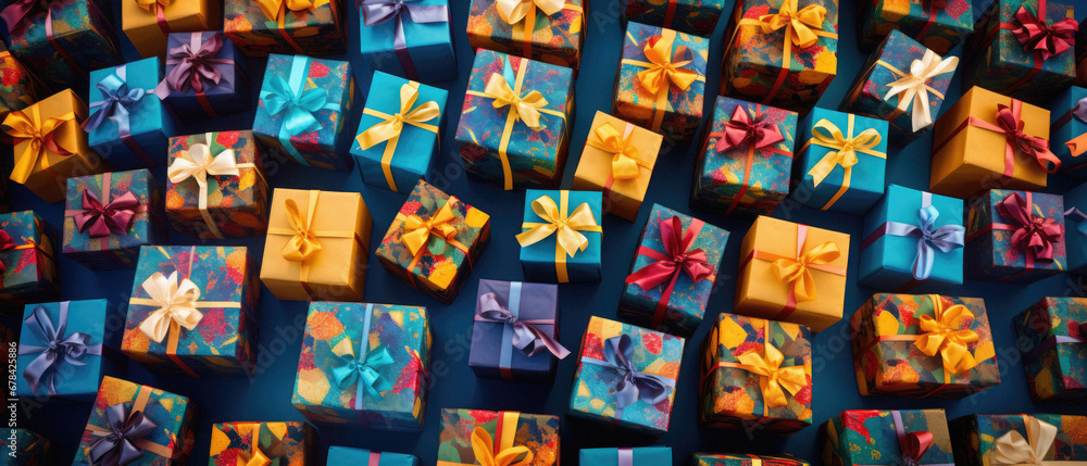 Many colorful gift boxes with ribbons on blue background, top view.