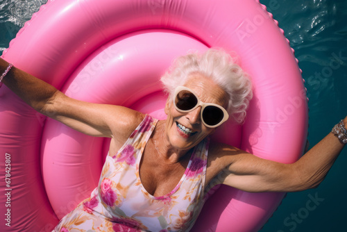 AI Generated Image of top view of smiling trending active senior woman in swimsuit and sunglasses relaxing on a floating ring in a swimming pool while looking at camera