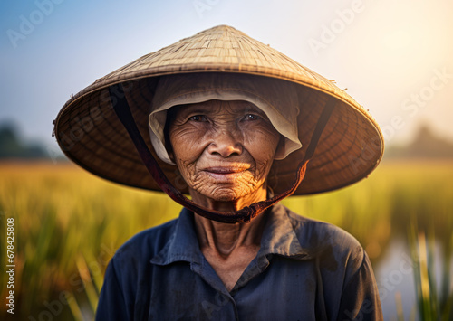 AI Generated Image of Vietnamese senior elderly woman wearing traditional Asian conical hat standing at the rice plantation while looking at camera photo