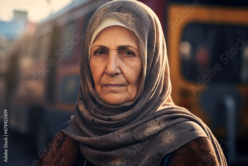 AI Generated Image of Arabian senior elderly woman wearing traditional clothing looking at camera while standing against blurred background photo