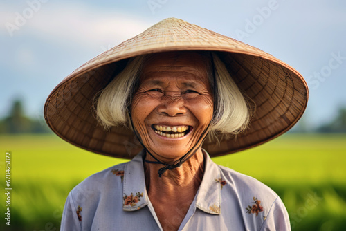 AI Generated Image of Cheerful Vietnamese senior elderly woman wearing traditional Asian conical hat looking at camera and standing at the rice plantation photo