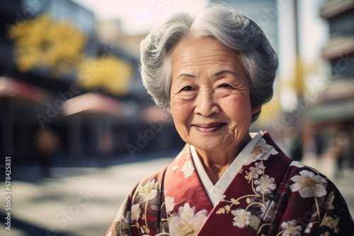 AI Generated Image of Japanese happy elderly woman wearing traditional kimono dress looking at camera while standing in blurred city photo