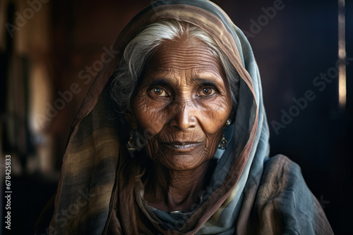 AI Generated Image of Indian senior elderly woman wearing traditional sari and earrings looking at camera while standing against dark background photo