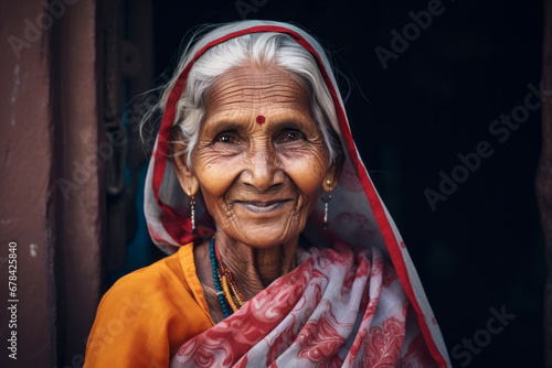 AI Generated Image of smiling Indian senior elderly woman wearing traditional sari and accessories looking at camera while standing against dark background photo