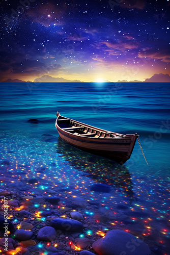 A magical silhouette of a boat cuts across the sparkle of starlit water - generative AI