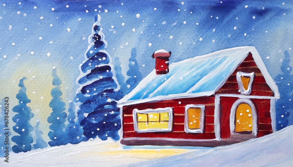 a snowy cabin watercolor 