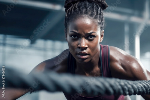 Generative AI illustration of fierce black female athlete engaging in battle rope workout with a concentrated look showcasing strength and endurance photo