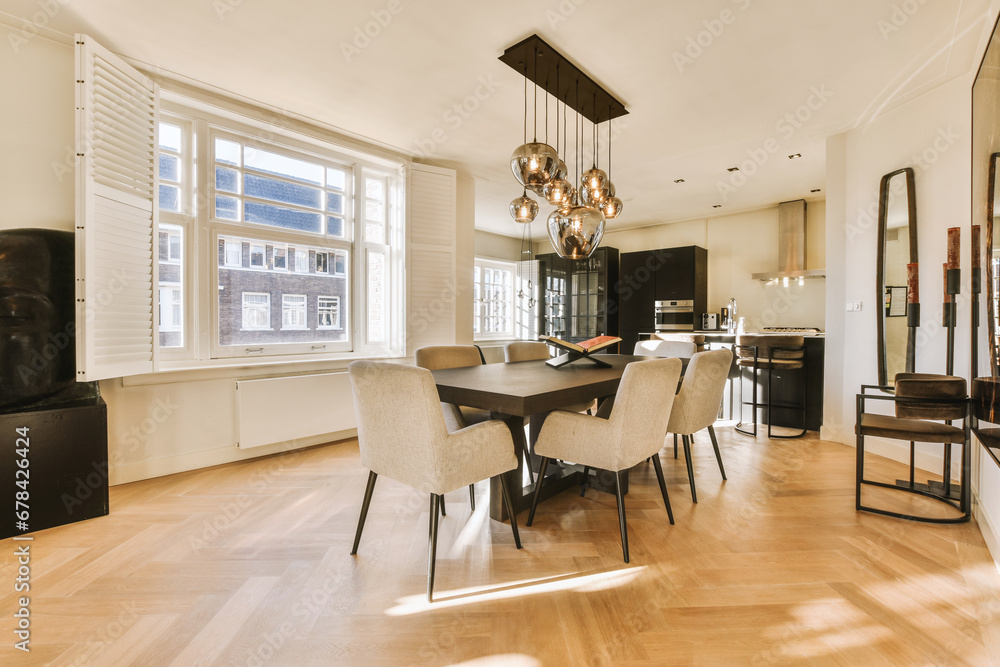 Stylish dining room with furniture and window Stylish dining room with furniture and window