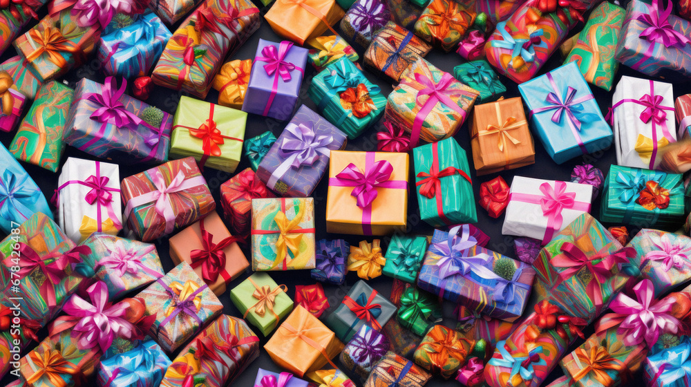 Colorful gift boxes for Christmas and New Year. Background with copy space.