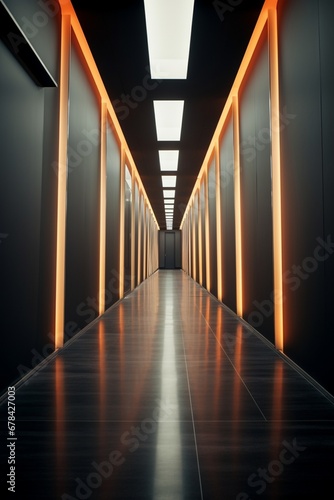a corridor in a modern urban building, with a sleek and futuristic design. The corridor is bathed in soft, ambient lighting, creating a sense of serenity and sophistication.
