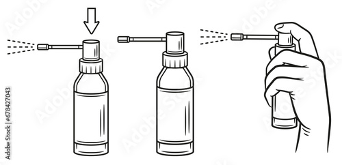 Medical spray for sore throat, use pharmacy mouth hygiene sprayer, liquid oral aerosol medicine instruction line icon set. Press hand on antiseptic dispenser bottle. Household chemical product. Vector photo