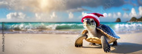 Sea turtle on sandy beach with Santa Claus hat. Ocean waves on the background. Concept of traveling and celebrating Christmas and New Year in tropical countries. photo