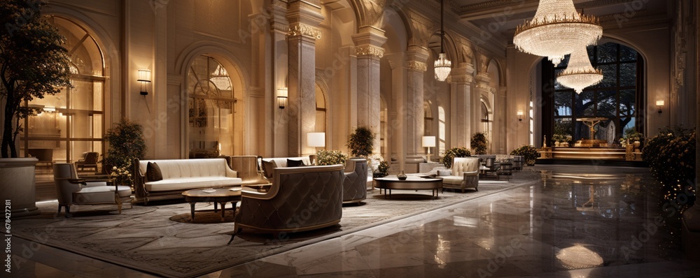 a sumptuous hotel lobby with no seating, emphasizing the sense of space and grandeur through a combination of contemporary and classical design elements, all bathed in soft, ambient lighting.