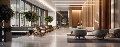 a modern commercial building lobby corridor leading to an open lounge area.  photo