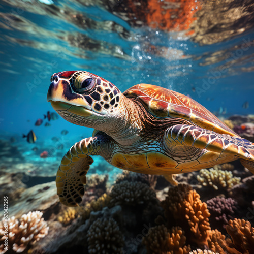 A gentle sea turtle gliding through crystal-clear  