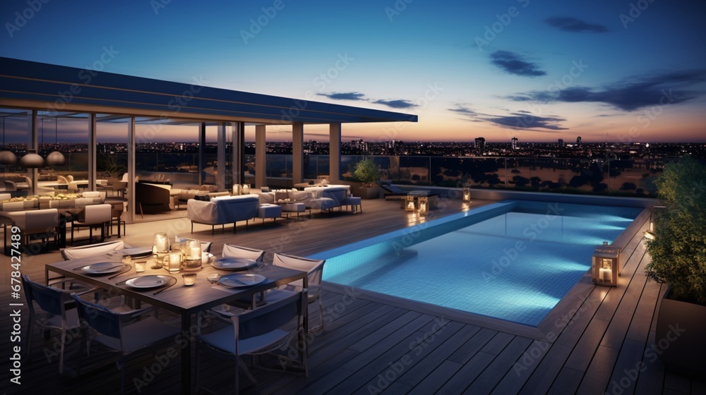 a penthouse's private rooftop terrace, complete with a swimming pool, comfortable lounges, and an outdoor kitchen. The image highlights the perfect blend of urban living and luxury leisure.