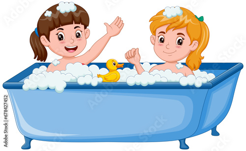Cute girls take a bath in the bathtub. Vector illustration