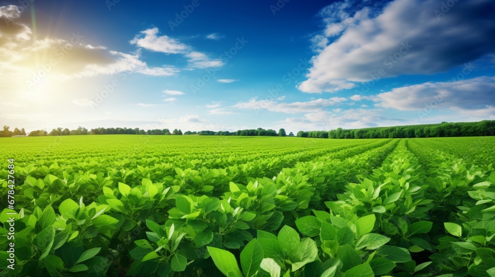 A high-definition photograph showcasing the vitality of a soybean plantation in a field, with lush green plants as far as the eye can see. A high-definition photograph showcasing the vitality of a soybean plantation in a field, with lush green plants as far as the eye can see.