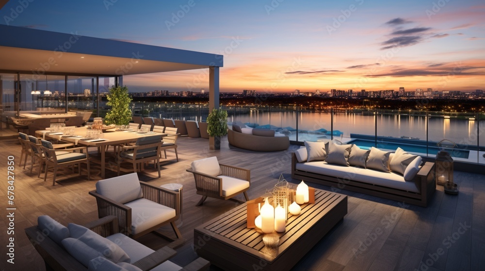 a penthouse's private rooftop terrace, complete with a swimming pool, comfortable lounges, and an outdoor kitchen. The image highlights the perfect blend of urban living and luxury leisure.