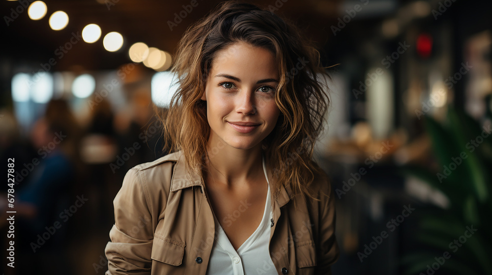 Porträt einer schönen Frau, die in die Kamera lächelt, während sie in einem Café sitzt.  - obrazy, fototapety, plakaty 