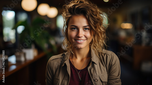 Porträt einer schönen Frau, die in die Kamera lächelt, während sie in einem Café sitzt. 