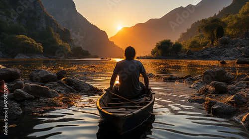 Rückansicht eines Mannes, der in einem Boot sitzt und in den Sonnenuntergang schaut. photo