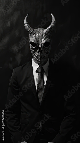 horned devil demon skull in suit and tie in black and white concept art © Hamburn