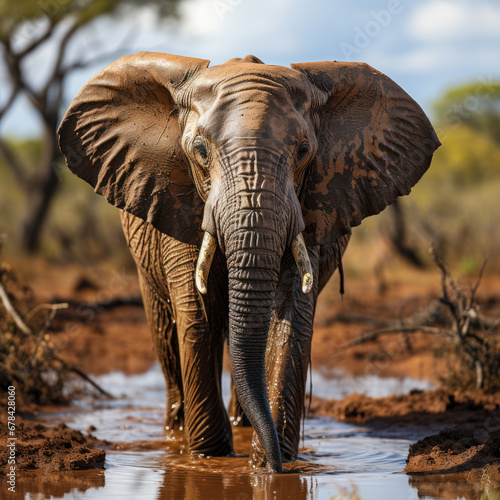 A wise old elephant bathing in a muddy watering hole 