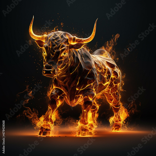 Bull with gold bars and coins, 3d render illustration, in the style of dark gold © alex