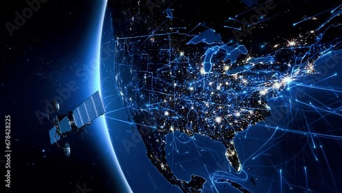  Animation of Earth with Bright Connections and City Lights. United States State and Country Borders. Satellite sending Wifi Telecommunication Signals to Earth.  photo