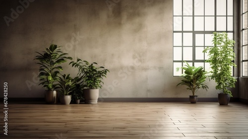 A high-quality image capturing the aesthetic appeal of an empty room in a modern loft, featuring a wooden floor with strategically placed potted plants. 