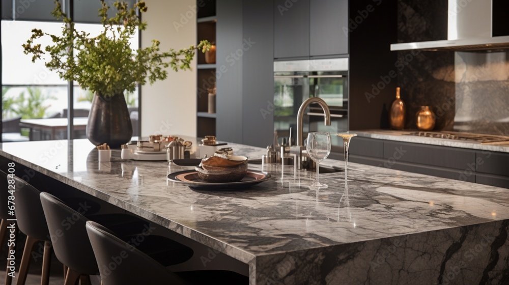 A high-quality image capturing the luxurious texture and sheen of a marble granite kitchen counter island, 