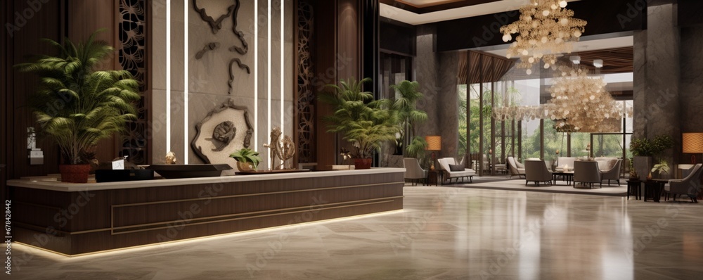 the boutique hotel's reception area, focusing on the reception desk and its unique decor elements, such as ornate sculptures, fresh flower arrangements, and soft, the boutique hotel's reception area, focusing on the reception desk and its unique decor elements, such as ornate sculptures, fresh flower arrangements, and soft,