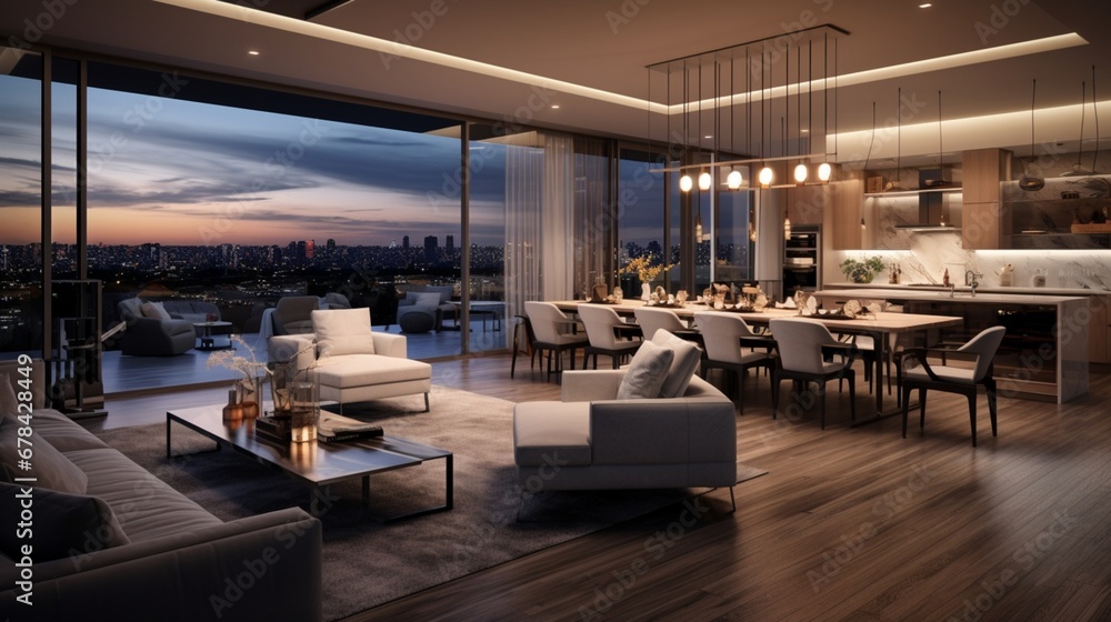 A high-quality image capturing the open-concept living space of a penthouse, with a modern kitchen, spacious dining area, and a stylish lounge.
