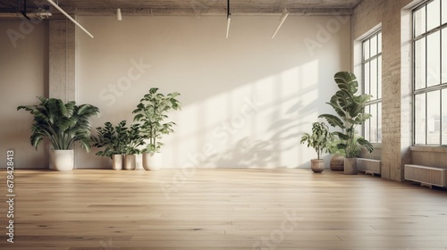  the aesthetic appeal of an empty room in a modern loft, featuring a wooden floor with strategically placed potted plants. The composition creates a visually striking and inviting atmosphere. © ZUBI CREATIONS