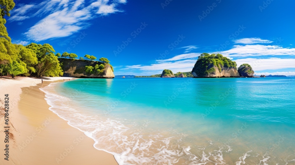 A high-quality, realistic image of Cathedral Cove beach in summer,  The panoramic view highlights the beauty of the beach and its natural surroundings.