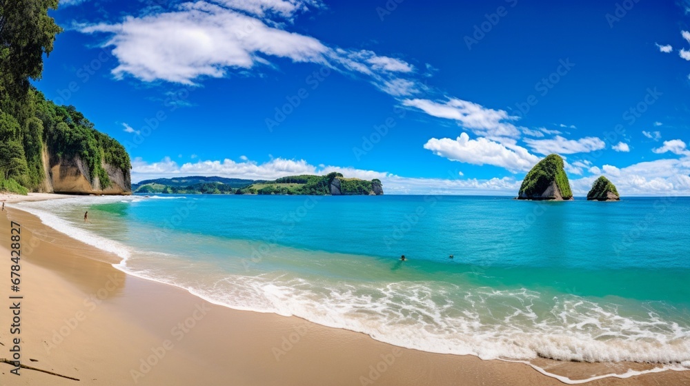 A high-quality, realistic image of Cathedral Cove beach in summer, captured during the daytime, with no people in sight.
