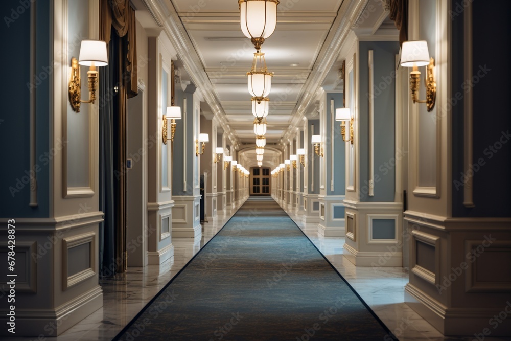  a well-lit hotel corridor with a luxurious ambiance, emphasizing the attention to detail in the interior design, including intricate moldings, soft lighting, and tasteful decor elements.