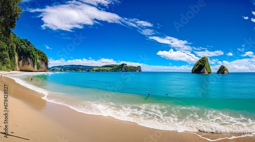 A high-quality, realistic image of Cathedral Cove beach in summer, captured during the daytime, with no people in sight.