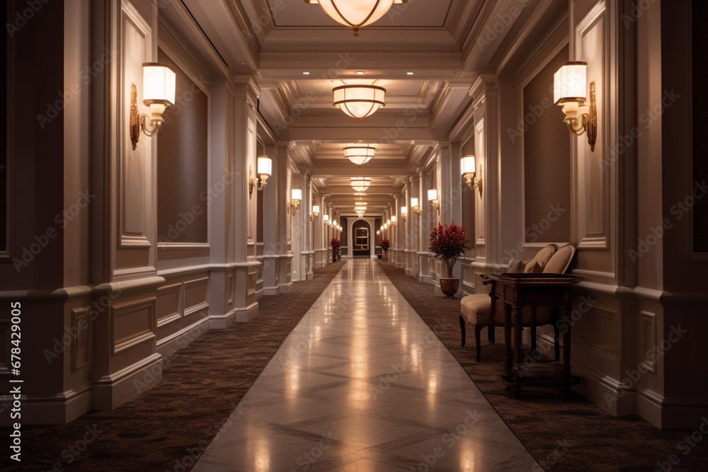 a well-lit hotel corridor with a luxurious ambiance, emphasizing the attention to detail in the interior design, including intricate moldings, soft lighting, and tasteful decor elements. a well-lit hotel corridor with a luxurious ambiance, emphasizing the attention to detail in the interior design, including intricate moldings, soft lighting, and tasteful decor elements.