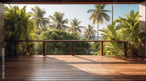 the beauty of a wooden balcony patio deck, with coconut trees swaying in the breeze in the background.  © ZUBI CREATIONS