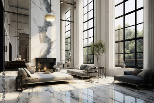 Lavish fancy modern house apartment home interior, marble floor, High ceilings, High glass windows, art deco inspired 