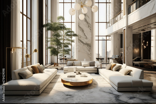 Lavish fancy modern house apartment home interior, marble floor, High ceilings, High glass windows, art deco inspired  photo