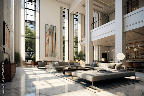 Lavish fancy modern house apartment home interior, marble floor, High ceilings, High glass windows, art deco inspired 