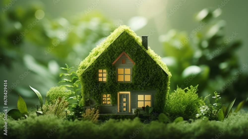 the eco-friendly architecture of a house harmoniously integrated into its green surroundings. The miniature house on the lush grass serves as a symbol of sustainable living. the eco-friendly architecture of a house harmoniously integrated into its green surroundings. The miniature house on the lush grass serves as a symbol of sustainable living.