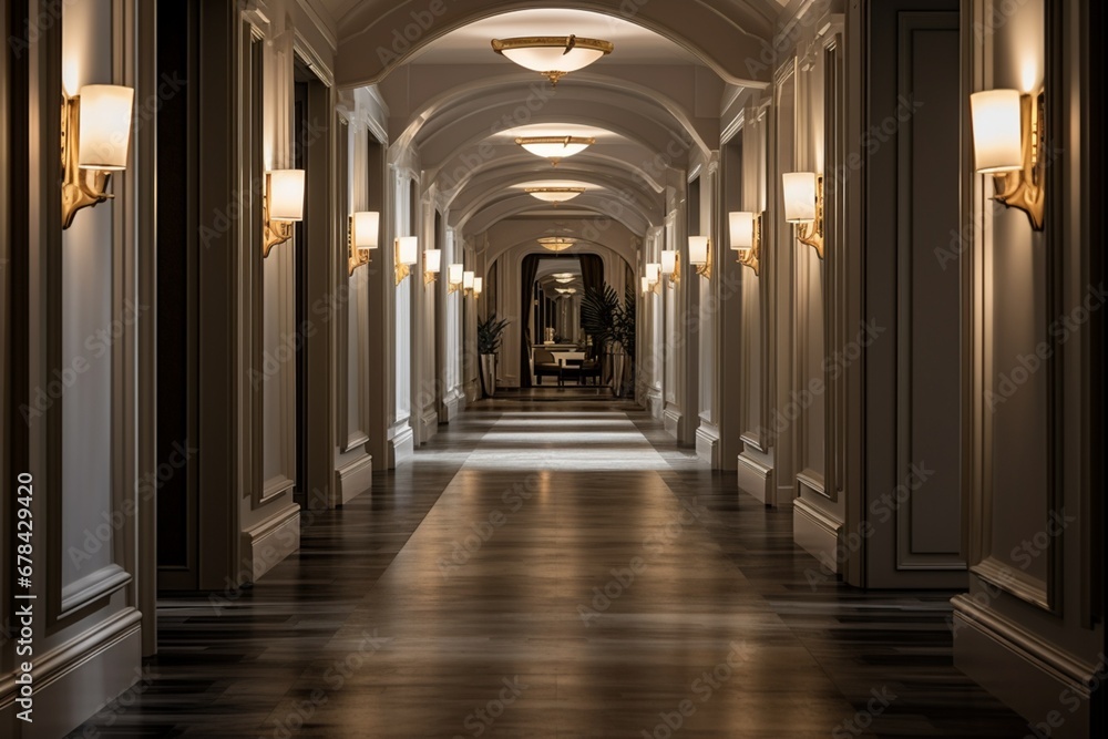  the interior of a luxury hotel corridor, with soft, ambient lighting and a sense of spaciousness. The corridor design combines modern elegance with classic elements.